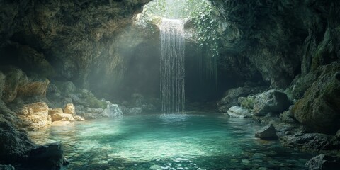 Canvas Print - A waterfall flows into a cave pool.