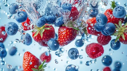 Fresh blueberry and strawberry with water splash in air