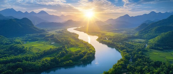 Wall Mural - Sunset over a Winding River in a Mountain Valley