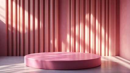 Poster - Pink round platform against vertical striped wall in soft light. Modern interior design and minimalist concept