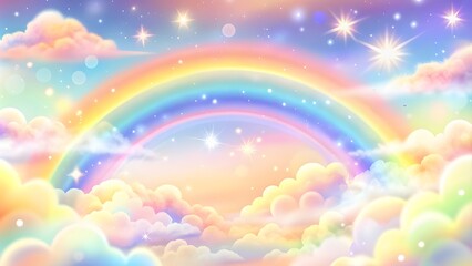 Holographic fantasy rainbow unicorn background with clouds.Pastel color sky. Magical landscape, abstract fabulous pattern. whimsical atmosphere, soft gradients, ethereal light, fantasy landscape