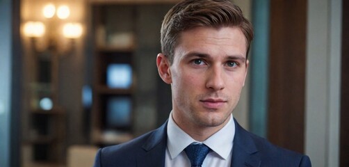 A portrait of a confident young businessman wearing a suit and tie