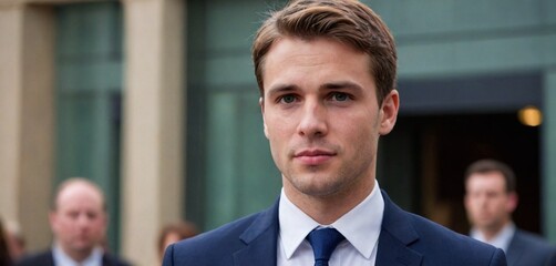 A portrait of a confident young businessman wearing a suit and tie