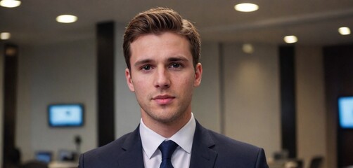 A portrait of a confident young businessman wearing a suit and tie