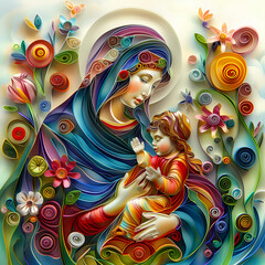 Wall Mural - The Virgin Mary with the baby Jesus is a very colorful paper quilling