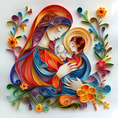 Wall Mural - The Virgin Mary with the baby Jesus is a very colorful paper quilling