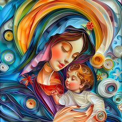 The Virgin Mary with the baby Jesus is a very colorful paper quilling