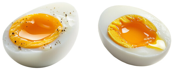 Perfectly Boiled Egg: A close-up of two perfectly boiled eggs, isolated on transparent background. The image is perfect for illustrating breakfast, healthy eating.