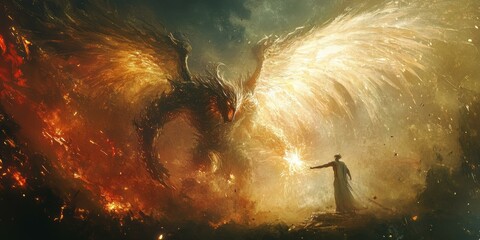 A lone figure confronts a fiery beast.