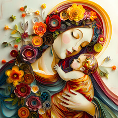 Wall Mural - The Virgin Mary with the baby Jesus is a very colorful paper quilling