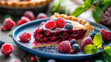 A slice of pie in plate with raspberry fruit on table