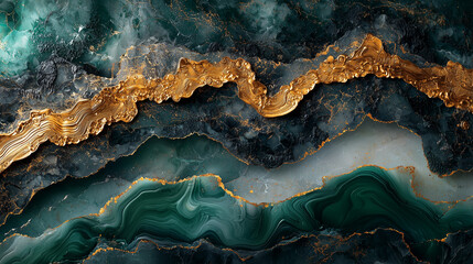 Poster - Luxury green and gold marble texture with abstract layers. Elegant design for decor and art.