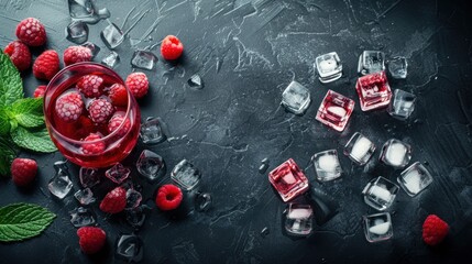 Delicious tasty juice drink with raspberry fruit and ice cube