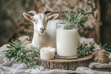 Serene goat with fresh organic milk herbs on rustic backdrop