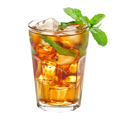 Refreshing ice tea filled with ice cubes and lemon slices isolated on white transparent background.