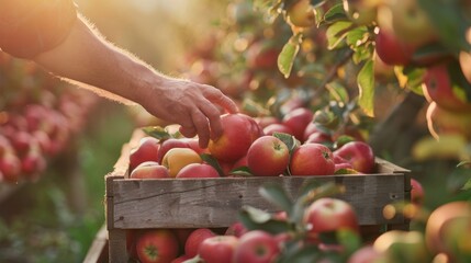 Fresh apple in wooden crate in plantation orchard farm