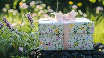 Charming Floral Gift Box in Serene Garden Setting