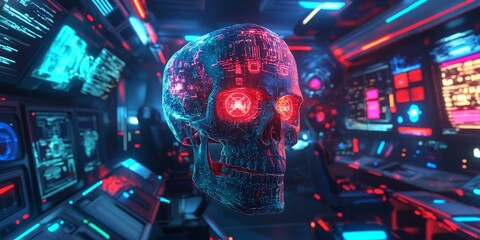 Sticker - Cybernetic skull in futuristic neon room.