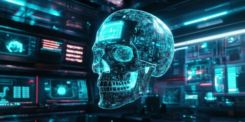 Canvas Print - Cyberpunk skull in neon blue tech room.