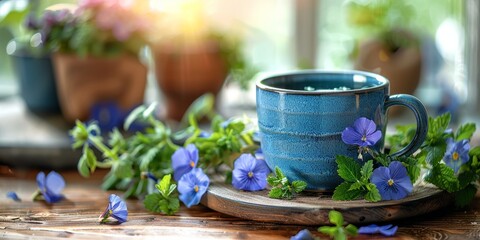 Wall Mural - Butterfly pea flower tea in a modern ceramic mug. Butterfly Pea Flower Tea, blue matcha tea, Blue matcha latte, Butterfly pea tea, blue matcha powder, Butterfly pea blue matcha powder