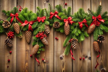 Festive holiday garland with pinecones red ribbons and berries hanging on wooden wall