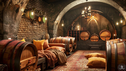 Wall Mural - an image of a bohemian-inspired wine cellar with a cozy seating area and vintage wine barrels