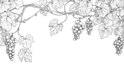 Background template with copy space of grape leaf and  vine. Line art drawing.