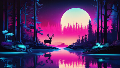 Neon Moonlight Stag: A majestic stag stands silhouetted against a vibrant, neon-drenched forest, its reflection shimmering in the moonlit lake below. 