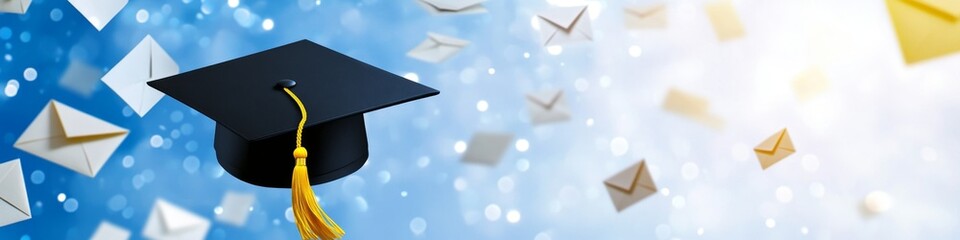 Floating Graduation Cap with Yellow Tassel Against Blue Sky: Creative Abstract Marketing Background for Education Concepts. Sunlit Bokeh with Clouds, Paper Planes, and Envelopes Symbolizing Dreams, Fr