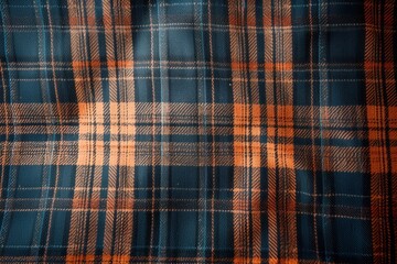 Aufkleber - Close-up view of plaid fabric with blue, orange, brown stripes. Diagonal pattern creates sense of movement. Fabric texture appears smooth, blurred background highlights intricate design.