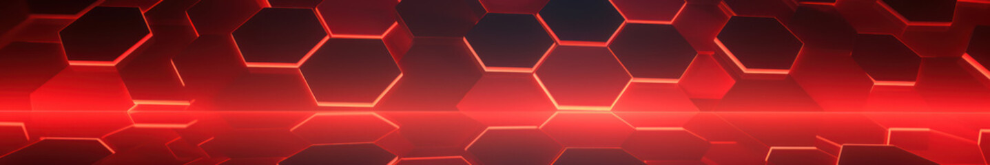 Wall Mural - Red hexagon background. Close-up a surface made up of hexagonal shapes, honeycomb pattern. Illuminated outlines. Depth and three-dimensional. Geometric, futuristic and modern design.