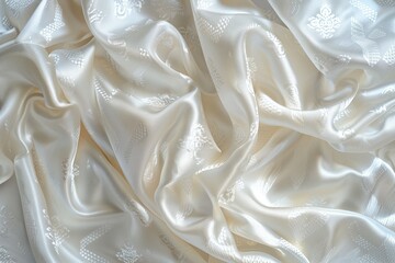 Aufkleber - Close-up view of white fabric with subtle floral pattern. Fabric appears crumpled adding texture to smooth surface. Background blurred focusing on intricate details.