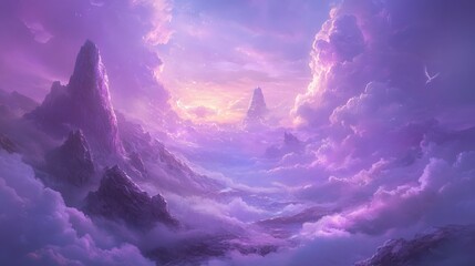 A dreamy world with purple clouds floating across a magical sky.