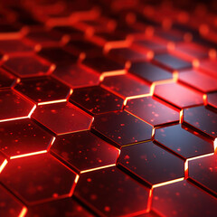 Canvas Print - Red hexagon background. Close-up a surface made up of hexagonal shapes, honeycomb pattern. Illuminated outlines. Depth and three-dimensional. Geometric, futuristic and modern design.