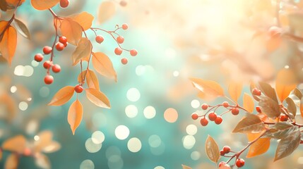 Wall Mural - Autumn Leaves with Red Berries and Bokeh Background