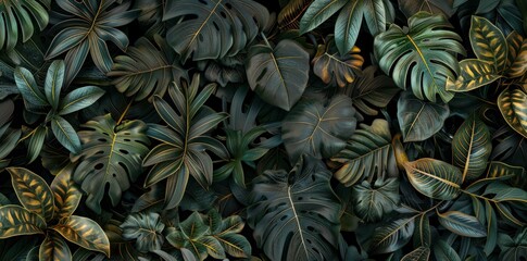 Wall Mural - Lush tropical leaves arranged on a dark background, showcasing a variety of shapes and textures The green tones create a vibrant, earthy feel