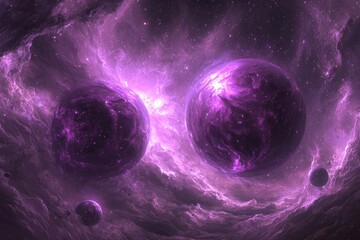 Ethereal cosmic landscape with glowing purple orbs and swirling nebula clouds