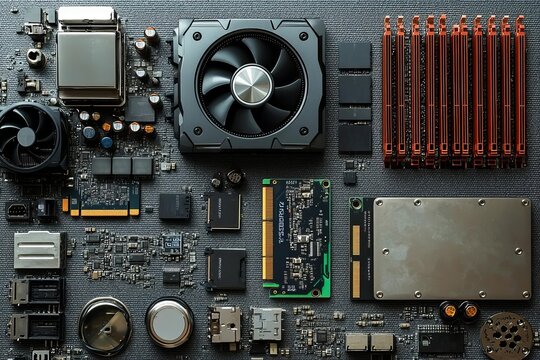 Frame of graphics card and other computer hardware on gray textured background, flat lay. Space for text  , copyspace, copy space for text,