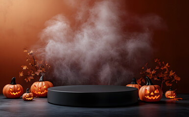 Sticker - This is a Halloween minimal scene 3D with smoke and a podium platform. This is a Halloween background concept. A stand to show products. Happy Halloween concept.