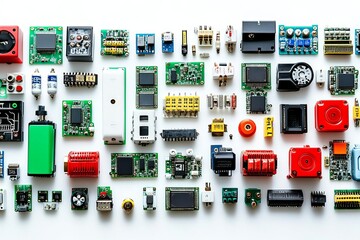 top view arduino components and modules, electric parts on a white background. concept of a technica