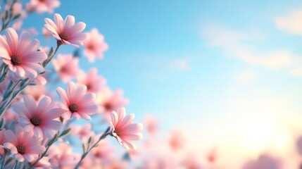 Poster - Pink Flowers in a Field Against a Blue Sky