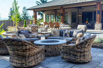 Wall Mural - A patio with a fire pit and a stone wall,