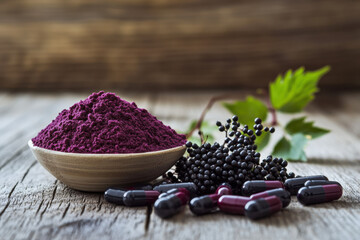 Wall Mural - Elderberry plant based supplement in a bowl with capsules and fresh berries on a rustic wooden table