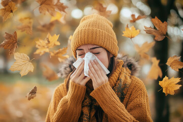 Young woman is blowing her nose in a colorful autumn park, surrounded by falling leaves