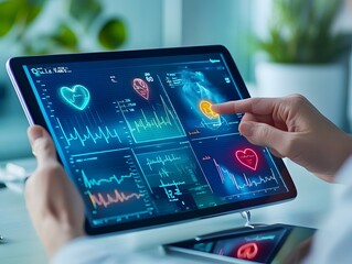 Wall Mural - Doctor Examining Patient Heart Rate on Tablet.