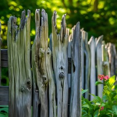 Close up of a weathered stained wooden fence