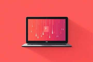 Fototapete - A laptop computer with a red screen displaying dripping liquid, on a bright red background.