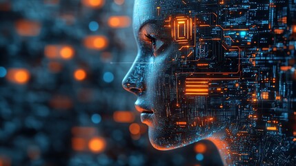 Poster - Futuristic Human Face Made of Digital Circuits with Red and Blue Lights