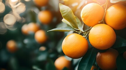 Poster - Bright orange grove, ripe citrus fruits, lush green leaves, sunlight streaming through, vibrant colors, close-up, bokeh background, fresh produce, organic farming, juicy oranges.