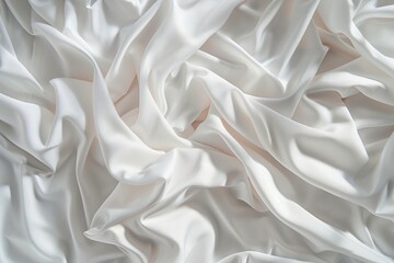 Poster - White fabric texture close-up shows smooth surface with subtle folds creases. Soft serene atmosphere created by dominant white color palette. Fabric possibly sheet curtain focuses attention.
